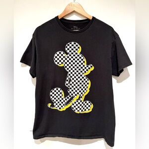 Vintage Disney Black Tee with Checkerboard Mickey and Yellow Outline